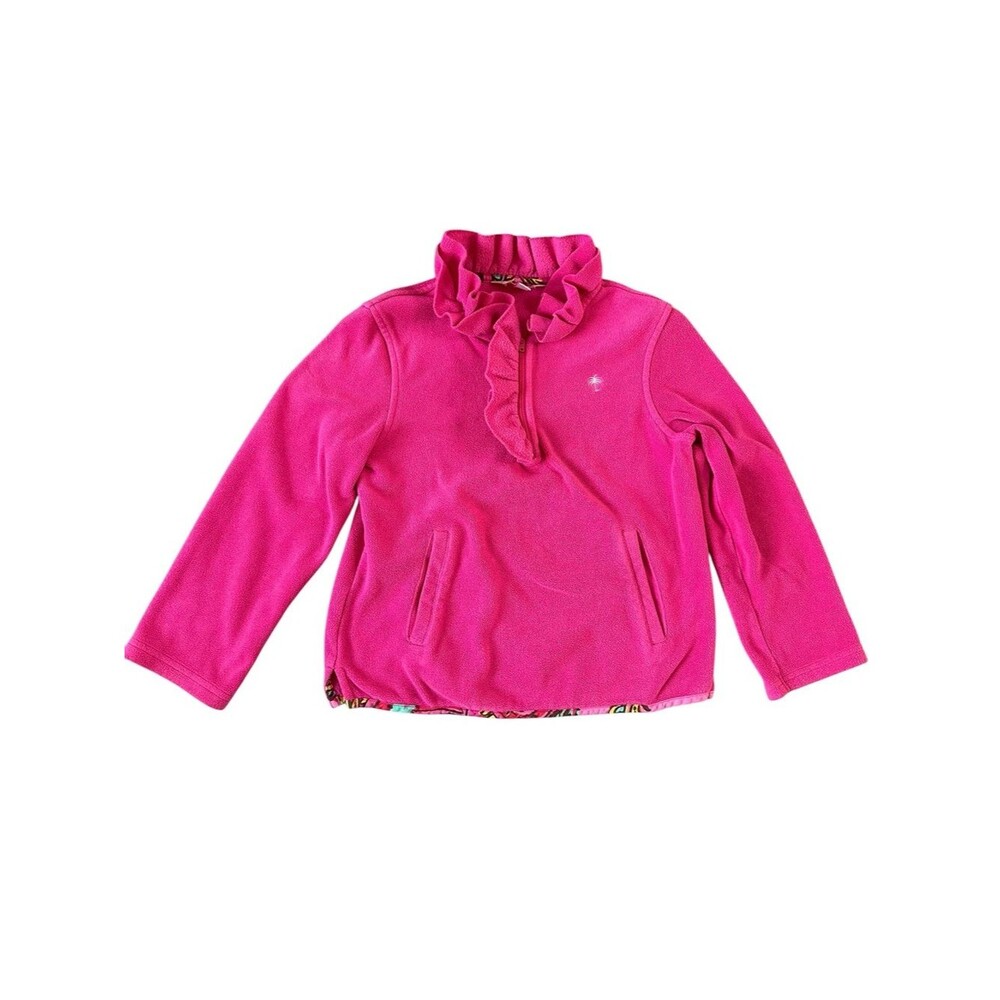 Lilly Pulitzer Girls Ruffle Fleece Quarter Zip Pullover Pink Palm Tree Size 7 M